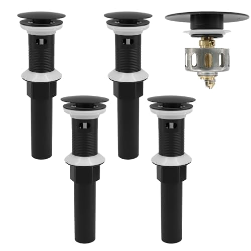 Bathroom Sink Drain,4 Pack Drain Stopper with Overflow,Pop Up Drain Assembly with Detachable Strainer Basket,Built-in Anti-Clogging, Stainless Steel Nut Mattle Black - color: 4 Pack-matte Black-big Cap, style: With Overflow