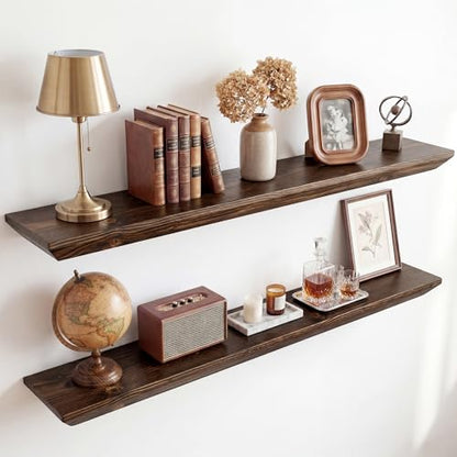 Acovy 36in Solid Spruce Wood Floating Shelves with Beveled Bottom Edges, Wooden Floating Shelf with Heavy-Duty Bracket for Living Room Bathroom Bedroom Kitchen, Rustic Brown, Set of 2 - color: Rustic Brown, size: 36"-2 Packs