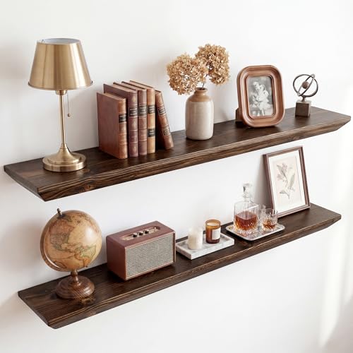 Acovy 36in Solid Spruce Wood Floating Shelves with Beveled Bottom Edges, Wooden Floating Shelf with Heavy-Duty Bracket for Living Room Bathroom Bedroom Kitchen, Rustic Brown, Set of 2 - color: Rustic Brown, size: 36"-2 Packs