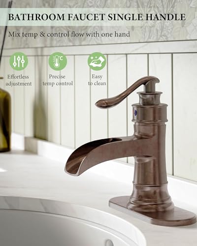 Bathroom Faucet Copper Waterfall Bathroom Sink Faucets Taps | with Single Handle Rustic Vanity Farmhouse RV Faucet Suitable for 1 or 3 Holes with Pop-up Drain Deck Plate Hose Homevacious - color: Copper