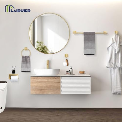 Lairuier Bathroom Hardware Set Brushed Gold, Towel Holder Set Wall Mounted | Bathroom Accessories Set, SUS304 Stainless Steel 23.6" Towel Bar, Toilet Paper Holder with Shelf, Towel Ring and Towel Hooks - color: Brushed Gold, size: 5 Pieces - With Shelf