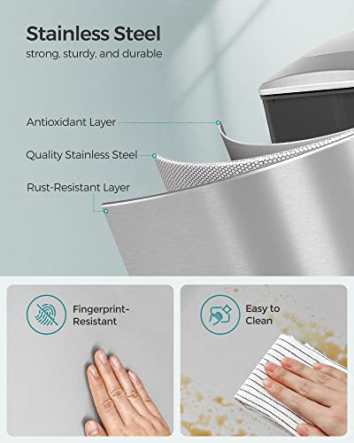 SONGMICS Slim Trash Can, 13-Gallon (50 L) Garbage Can for Narrow Spaces with Soft-Close Lid, Inner Bucket, and Step-on Pedal, Stainless Steel, 15 Trash Bags Included, Silver ULTB510E48 - color: Silver, style: 13 Gal.
