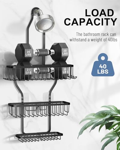 Shower Caddy Hanging - Never Rust Shower Hanging Organizer - Aluminum Over the ShowerHead Caddy with Soap Basket and 6 Hooks for Razor/Sponge (Black) - color: Black