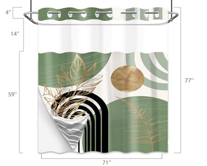 Sage Green Hookless Shower Curtain with Snap in Liner, Boho Mid Century Black and Light Green No Hook Double Layer Shower Curtains and Liner Set, Waterproof Cloth Fabric，71" W X 77" L - color: Green, size: 71"W x 77"L (Pack of 1)