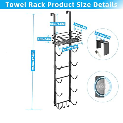 Over The Door Towel Rack 6 Tier with Metal Shelf and Hooks, Black | Wall Mounted, Rolled Towel Storage, Bathroom Door Holder Organizer