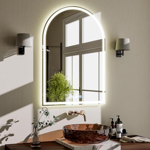 BEAUTYPEAK 36x24 LED Arch Bathroom Mirrors with Lights | Arch Mirror with Metal Frame, Anti-Fog,LED Mirror with Front Light and Backlit, Memory Function for Bathroom, Dressing Room - color: White-arched, size: 36"L x 24"W