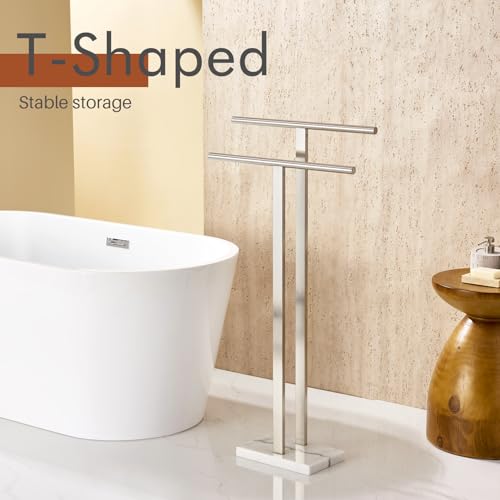 KOKOSIRI Towel Rack Free Standing Brushed Nickel 2-Tier Towel Holder for Bathroom Floor Stand with Heavy Marble Base Thicken Steady Design Stainless Steel THS0005-BR - color: Brushed Nickel