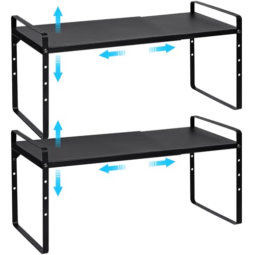 Set of 2 Expandable Cabinet Shelf Organizer, Stackable Kitchen Countertop Shelves Spice Racks, Small Metal Storage Shelf For Cupboard Counter Tabletop, 30 LBS Heavy Duty, Adjustable, 13.8" to 21.6" - color: Black, size: 2 Pack:13.8"-21.6"Long