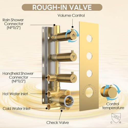 Shower Faucet Set,Thermostatic Shower System Brushed Gold,12 Inch Ceiling Mounted and 6 Inch Wall Mount Rain Shower Head with 2 in 1 Handhled,High Pressure Dual Shower Head Combo Set - color: Gold, size: 12"-1