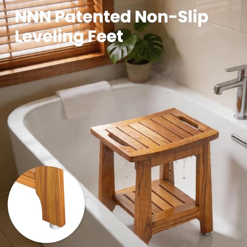 NNN 14" Compact Teak Shower Stool with Japan-Made Non-Slip Leveling Feet | US Patented Design, Marine-Grade Hardware, Pre-Oiled European Teak Oil, Ready, 300lb, for Small Baths Tubs & Outdoor Pools - size: 14"W x 10" Dx 17"H