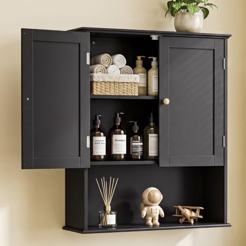 Bathroom Wall Cabinet, Black 30" x 24" Wall Mounted Medicine Cabinet, Over Toilet Storage Hanging Cabinet Adjustable Shelves Cupboard with Large Space for Laundry Room, Bedroom, Kitchen, Entryway - size: 29.5"x 23.6"x 8.3"-black