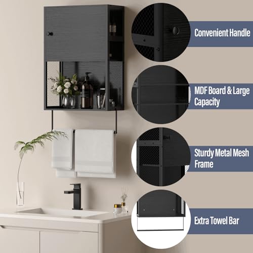 ETELI Small Bathroom Wall Cabinet Bathroom Storage Cabinet Wall Mounted with Door 3 Tier Medicine Cabinet Hanging Bathroom Storage Shelf Over Toilet with Towel Bar for Small Space Bathroom, Black
