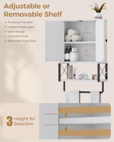 Bathroom Wall Cabinet, White Medicine Cabinet with Towel Rack | 2 Doors & Adjustable Shelves 2 Hooks, above toilet storage cabinet, for Bathroom Laundry Room, Living, Kitchen UXYYG024W