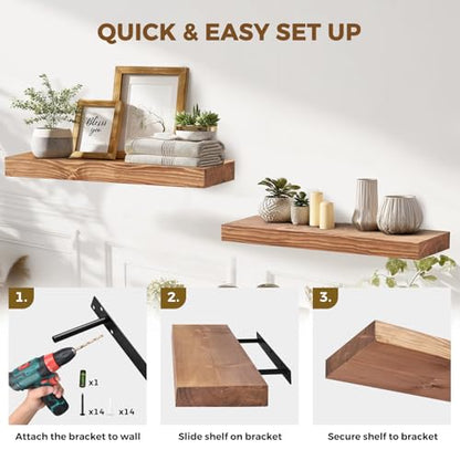 Solid Wood Floating Shelves, 24 Inch Wall Shelves, Set of 2, Oak | 8 Inch Deep, 1.6 Inch Thick, Extra-Wide Display Space, Mounting Hardware Included, For Kitchen, Bathroom and Living Room - color: Oak, size: 24x8x1.6