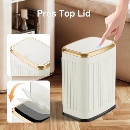 TIPGO Bathroom Trash Can with Lid, 2.1 Gallon / 8 Liter Small Garbage Can, Press Top Bin, Stainless Steel Wastebasket with Pop-Up Lid for Bedroom, Living Room, Office (Cream) - color: Cream