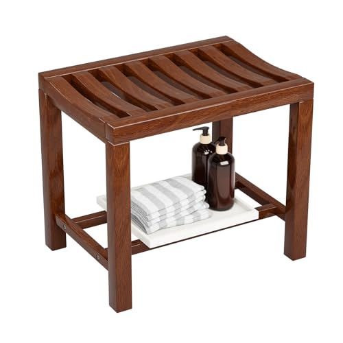 Rubber Wood Shower Bench, Non-Slip Waterproof Wooden Shower Stool for Adults & Elderly, Sturdy Bath Seat for Inside Shower or Tub – 20.08" D x 14.96" H x 6.3" W - size: 20.08"