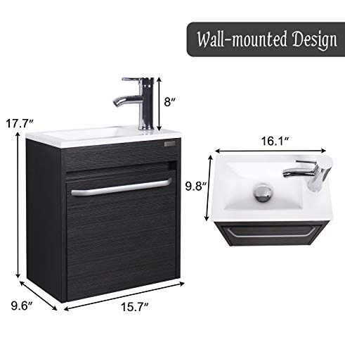 wonline 16” Bathroom Vanity Sink Combo for Small Space Black Wall Mounted Cabinet Set Design White Resin Basin Sink Top Chrome Faucet - color: Black