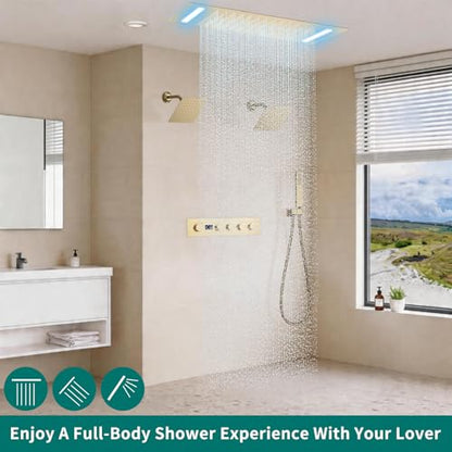 Shower Faucet Set Ceiling 20x14 inch LED Shower Head, Temperature Display Thermostatic Shower Valve, and Two 8-inch Wall Mounted Shower Heads Handheld Combination (Brushed Gold) - color: Brushed Gold