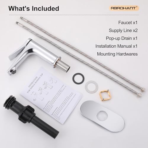 Rbrohant Single Hole Bathroom Faucet, Polished Chrome Single Handle Bathroom Sink Faucets for 1 Hole,Bathroom Vanity Faucet with Pop up Drain and Cover Plate, Deck Mount, R2001-PCP - color: Polished Chrome, style: With Escutcheon