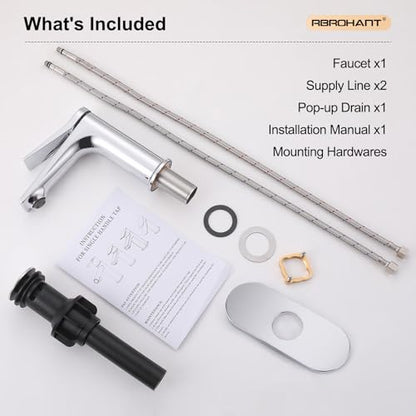 Rbrohant Single Hole Bathroom Faucet, Polished Chrome Single Handle Bathroom Sink Faucets for 1 Hole,Bathroom Vanity Faucet with Pop up Drain and Cover Plate, Deck Mount, R2001-PCP - color: Polished Chrome, style: With Escutcheon