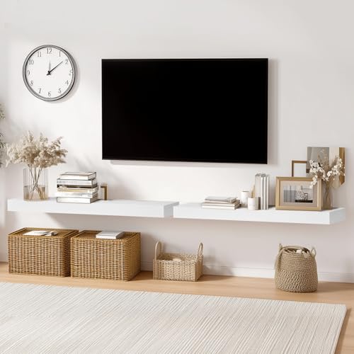 Solid Wood Floating Shelves, 36 Inch Wall Shelves, Set of 2, White | 8 Inch Deep, 1.6 Inch Thick, Extra-Wide Display Space, Mounting Hardware Included, For Kitchen, Bathroom and Living Room - color: White, size: 36x8x1.6