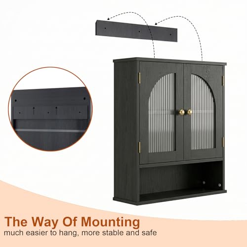 Black Bathroom Cabinet Wall Mounted with Tempered Glass Doors,Wooden Medicine Cabinet with Adjustable Shelf Open Shelf,Over The Toilet Space Saver Storage Cabinet - color: Black With Fluted Glass