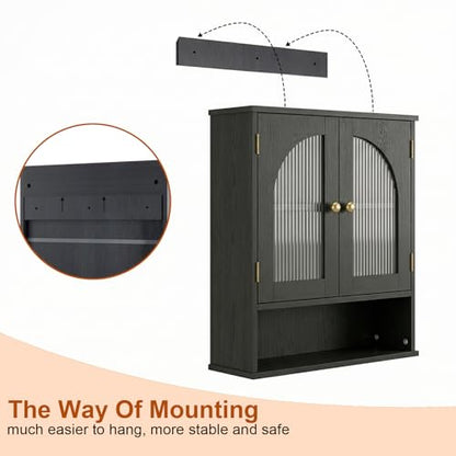 Black Bathroom Cabinet Wall Mounted with Tempered Glass Doors,Wooden Medicine Cabinet with Adjustable Shelf Open Shelf,Over The Toilet Space Saver Storage Cabinet - color: Black With Fluted Glass