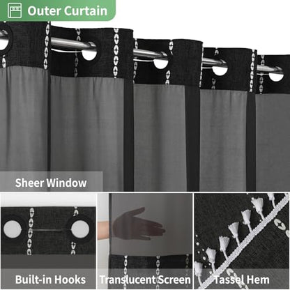 eachope No Hook Stall Shower Curtain with Snap-in Fabric Liner - 54x80 Heavy-Duty Linen Textured Striped Design,Narrow Rustic Modern Farmhouse Bohemian Bathroom Curtain,Water-Repellent,Black - color: Black, size: 54"W x 80"L (Pack of 1)