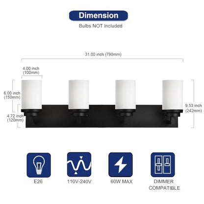 TODOLUZ 4-Lights Bathroom Light Fixtures in Matte Black, Modern Opal White Glass Vanity Light E26 Bulb Base, Wall Mount Lighting for Bedroom Bath Living Room - color: Black, size: 4-Lights