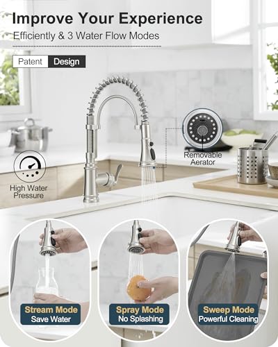 Pull-down Sprayer Kitchen Faucets Brushed Nickel 3 Mode Single Hole Kitchen Faucet 3 Hole, 360 Degree Swivel Stainless Steel Faucet for Kitchen Sink, 1 Handle Kitchen Sink Faucet with Deck Plate - color: Brushed Nickel - Modern