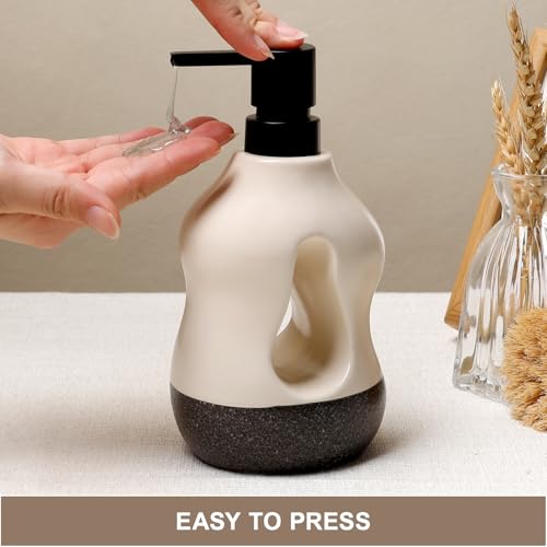 BosilunLife Ceramic Soap Dispenser - Soap Pump Dispenser Bathroom Kitchen Modern Farmhouse Elegant Refillable Soap Dispenser Lotion Hand Pump Dispenser for Kitchen Sink (Beige with Black Base, 15oz) - color: Beige With Black Base