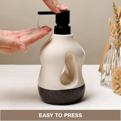 BosilunLife Ceramic Soap Dispenser - Soap Pump Dispenser Bathroom Kitchen Modern Farmhouse Elegant Refillable Soap Dispenser Lotion Hand Pump Dispenser for Kitchen Sink (Beige with Black Base, 15oz) - color: Beige With Black Base