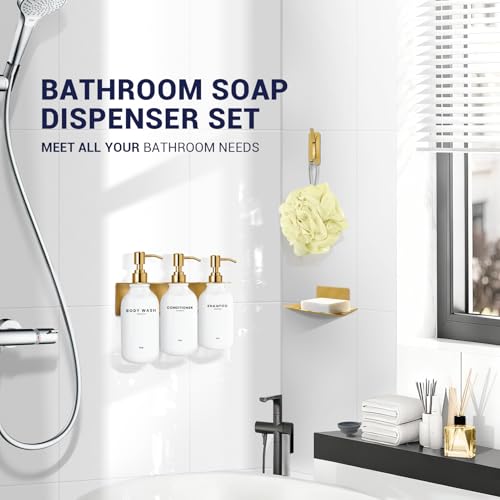 Shampoo and Conditioner Dispenser Wall Mounted Set with Soap Dish and Hook | Soap Dispenser Set of 3. Refillable Bottles with Pumps, Drill Free Adhesive Bathroom Organizer, Dorm Room Essentials, Gold