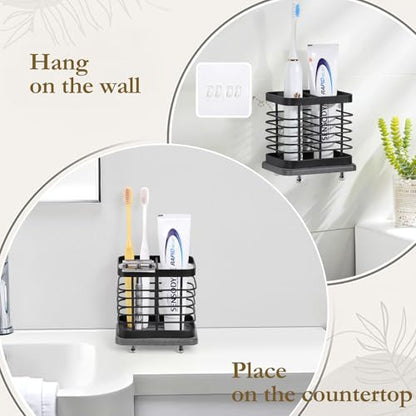 Shinowa Toothbrush Holder Wall Mounted for Bathroom 2 Slots | Stainless Steel Electric Toothbrush Toothpaste Holder with Fast Dry Tray, Adhesive and Countertop Bathroom Accessories - color: Black