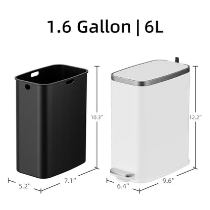 KdbK Stainless Steel Bathroom Trash Can with Lid Soft Close,1.6 Gallon Slim Garbage can,Small Metal Step Wastebasket for Office, Bedroom, Toilet, White - color: White
