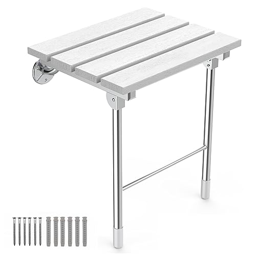 Folding Shower Seat, Wall Mounted Bathroom Safety Stool Chair with Support Legs, Foldable Wall Wood Shower Bench for Seniors (White)