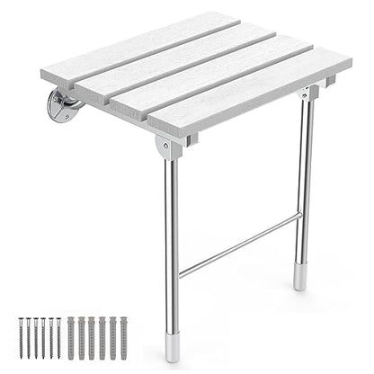 Folding Shower Seat, Wall Mounted Bathroom Safety Stool Chair with Support Legs, Foldable Wall Wood Shower Bench for Seniors (White)