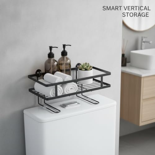 Over Toilet Storage Rack, Iron Bathroom Shelf with Baked Enamel Finish, Wall Mounted Vertical Organizer for Small Bathrooms, 13-Inch Width (1 PC) - color: Black