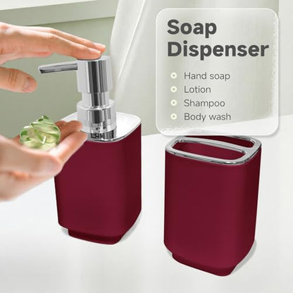 2Pcs Burgundy Bathroom Set, Square Boho Soap & Toothbrush Holder Set | Thick shatterproof ABS, electroplated rust-proof pump, drip-free, multi-slot holder, dustproof lids, easy-clean - color: Burgundy, size: 2PCS