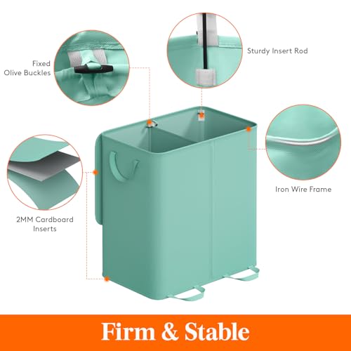Lifewit Double Laundry Hamper with Lid and Removable Laundry Bags, Large Collapsible 2 Dividers Dirty Clothes Basket with Handles for Bedroom Laundry Room Closet Bathroom College, 136L Sage Green - color: Sage Green, size: 136L