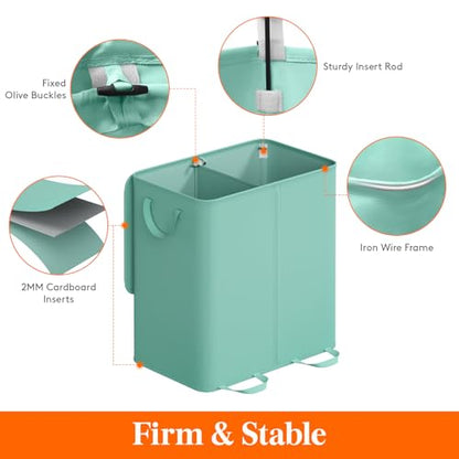 Lifewit Double Laundry Hamper with Lid and Removable Laundry Bags, Large Collapsible 2 Dividers Dirty Clothes Basket with Handles for Bedroom Laundry Room Closet Bathroom College, 136L Sage Green - color: Sage Green, size: 136L