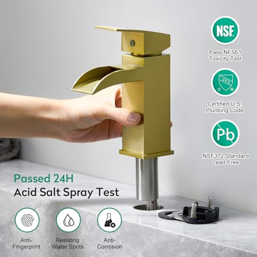 CREA Brushed Gold Waterfall Bathroom Faucet 1 Hole Single Handle Bathroom Sink Faucet with Pop Up Drain Stainless Steel Vanity Faucet Basin Mixer Tap Hot Cold Water Supply Line 3 Hole Deck Plate - color: Gold, style: Open Waterfall