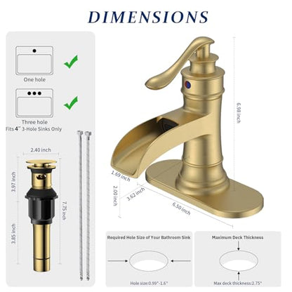 BWE Antique Brass Waterfall Bathroom Faucet, Single Hole Vanity Faucet with Pop Up Drain and Supply Hose for Rustic Home, Powder Room and Guest Bathroom, Solid Brass Construction - color: Antique Brass