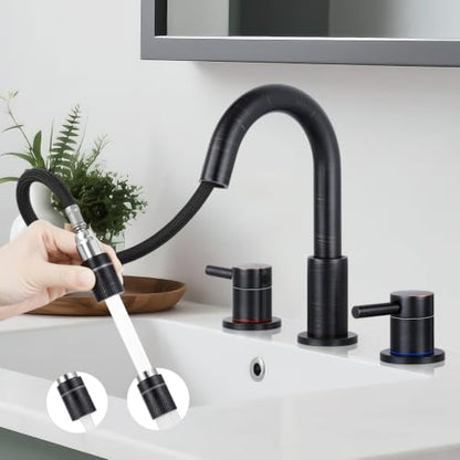 8 Inch Bathroom Faucet 3 Hole ORB Pull Down Bathroom Sink Faucet | Stainless Steel,Pull Down Sprayer,Oil Rubbed Bronze ,3 hole Widespread,Pop-up Drain,Water Supply Hoses,Two Water Flow Modes - color: A-Oil Rubbed Bronze