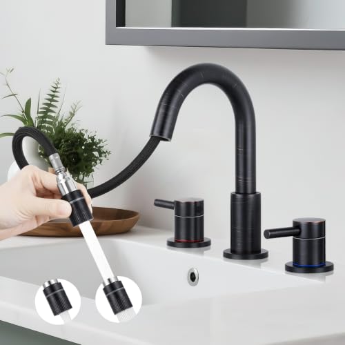 8 Inch Bathroom Faucet 3 Hole ORB Pull Down Bathroom Sink Faucet | Stainless Steel,Pull Down Sprayer,Oil Rubbed Bronze ,3 hole Widespread,Pop-up Drain,Water Supply Hoses,Two Water Flow Modes - color: A-Oil Rubbed Bronze