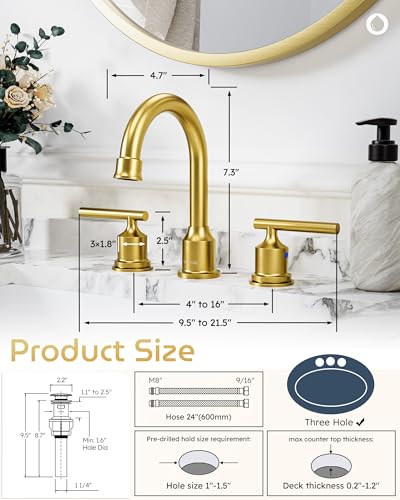 WOWOW Gold Bathroom Faucet 3 Hole Bathroom Sink Faucet Widespread Vanity Faucet 2 Handle Brass Basin Faucet with Pop Up Drain 8 Inch Mixer Tap Antique - color: Brushed Gold, size: Widespread