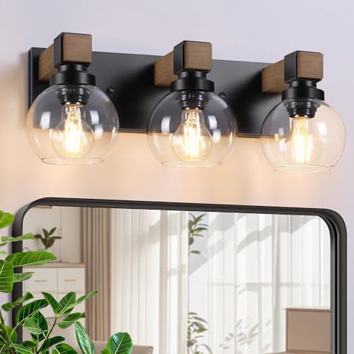 Farmhouse Bathroom Light Fixtures, 3-Light Rustic Wood Bathroom Lights Over Mirror with Glass Globe Shades, Matte Black Wall Mounted Lamp Vanity Lights for Bathroom Bedroom Living Room Cabinet - size: 3-Light