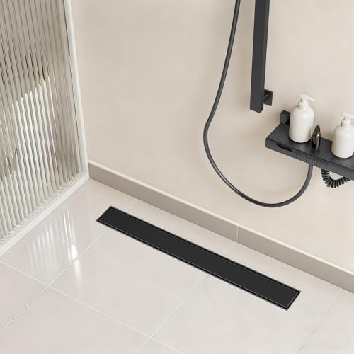 Linear Shower Drain - 28 Inch Matte Black, with Tile Insert Panels | AISI 304 Stainless Steel Shower Drain with Adjustable Feet, Hair Catcher, Rectangle Shower Floor Drain Fits Bathroom, Balcony - color: Matte Black, size: 28 Inch