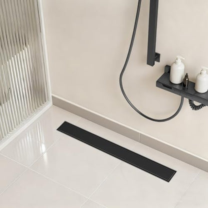 Linear Shower Drain - 28 Inch Matte Black, with Tile Insert Panels | AISI 304 Stainless Steel Shower Drain with Adjustable Feet, Hair Catcher, Rectangle Shower Floor Drain Fits Bathroom, Balcony - color: Matte Black, size: 28 Inch