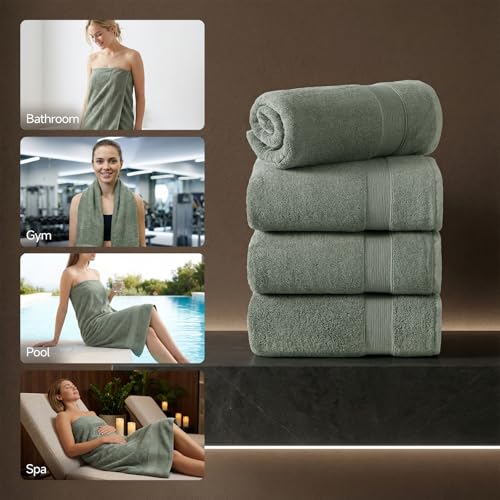 REDKISS Bath Towels 4-Pack, 100% Cotton, Thick Plush & Highly Absorbent, 27.5" x 55" for Shower, Spa & Home - color: Gray Green